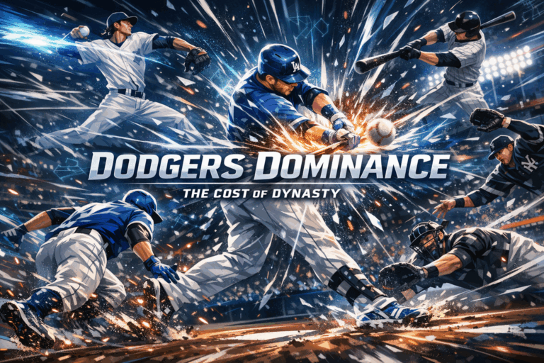 Animated montage of Los Angeles Dodgers dominance portrayed as an anime-style baseball battle against rivals, symbolizing the Dodgers’ record $169.4 million luxury tax and championship dynasty — BrainRotLabs.fun